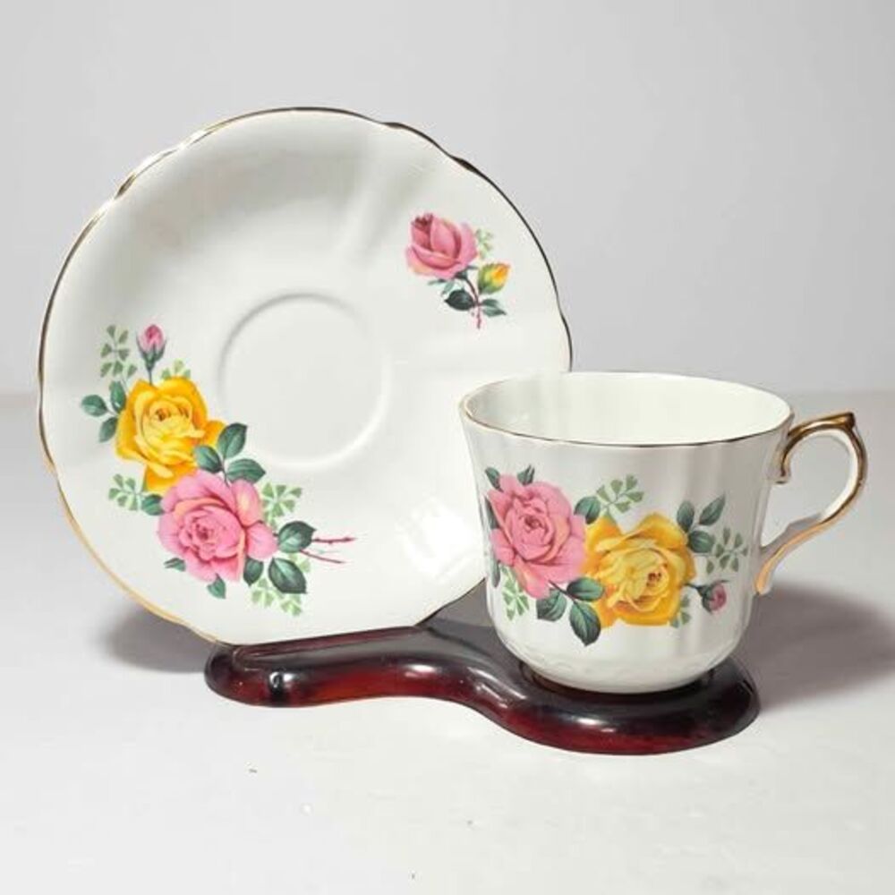 Royal Eton Teacup and Saucer Pink Yellow Roses Vintage